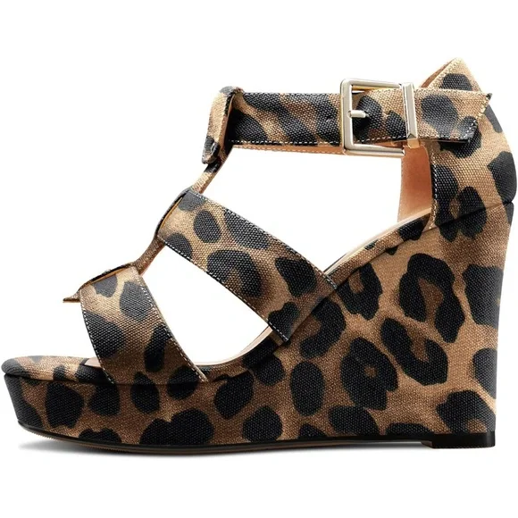 Brown Leopard Print Wedge Sandals with Strappy Design - Picture 5 of 10